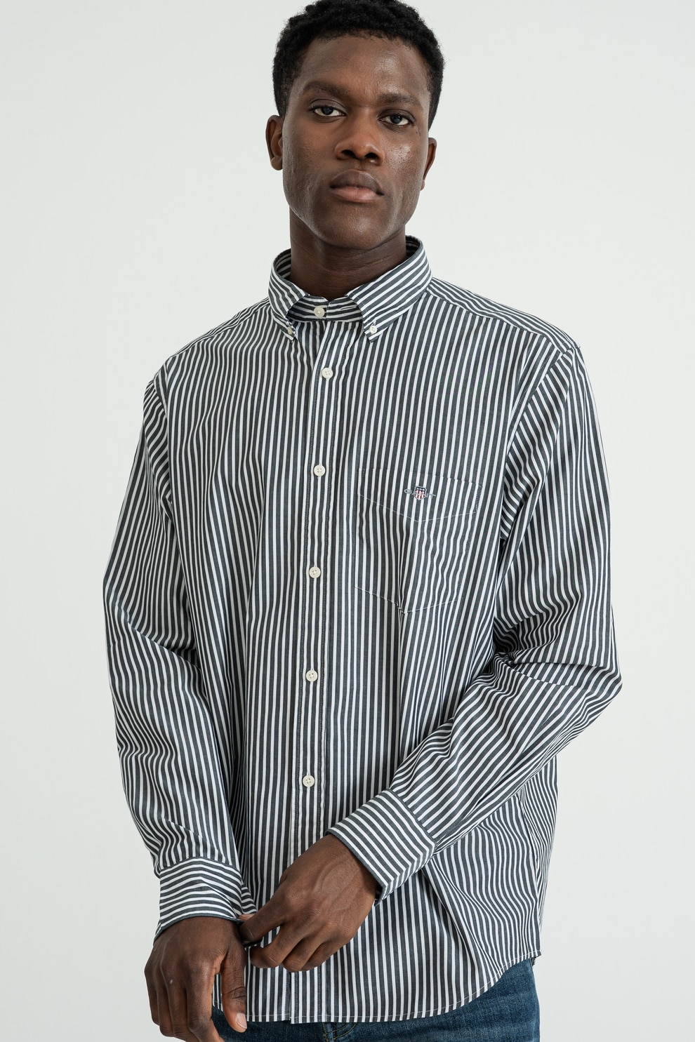Gant, Camasa de bumbac cu model in dungi si maneci lungi, Alb, Negru stins, XL