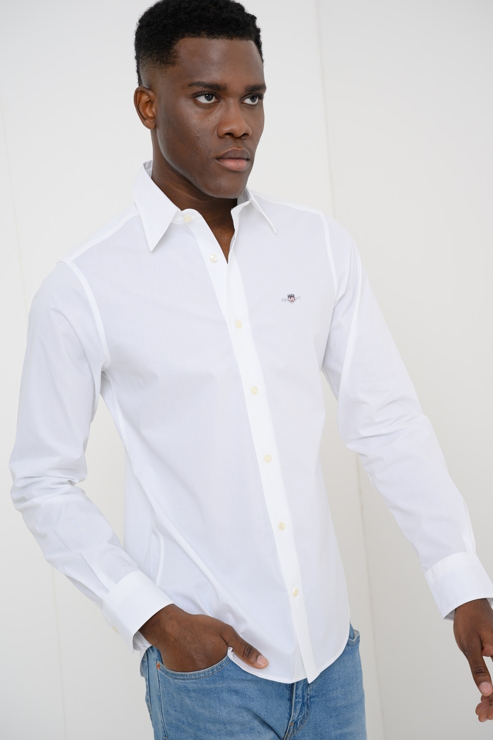 Gant, Camasa slim fit cu logo, Alb optic, L