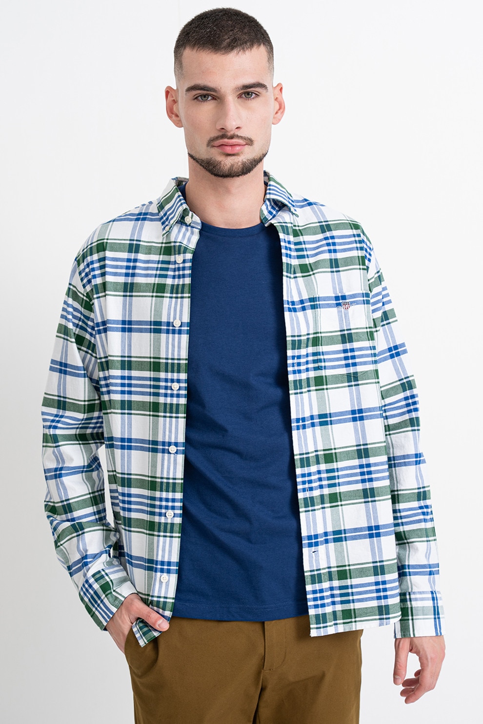 Gant, Camasa Oxford din bumbac cu model in carouri, Alb, Verde, Albastru, L
