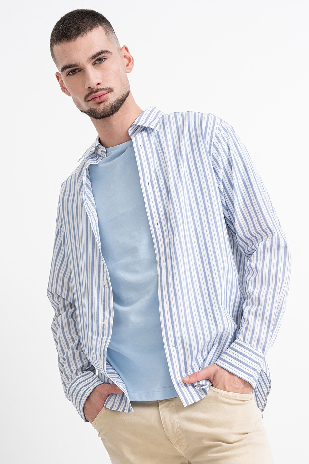 Gant, Camasa din bumbac cu dungi, Alb, Albastru pal, XL