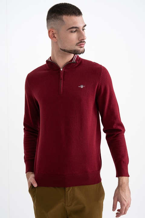 Gant, Pulover din bumbac cu fermoar scurt, Caramiziu