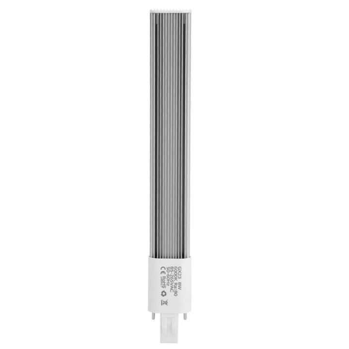 LED крушка, компактна, 8W, 2 пина, 85-265V AC, студено бяла, G23