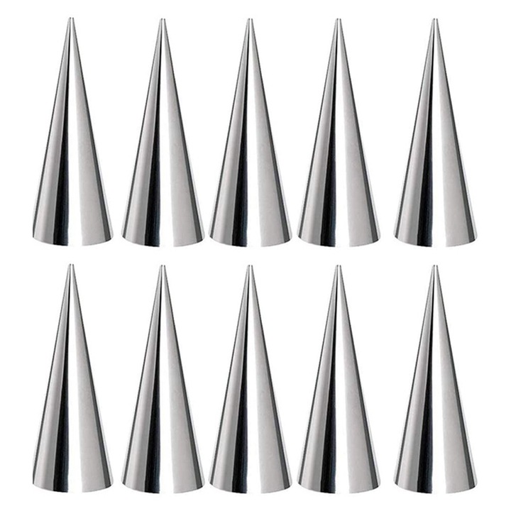 Set 10 forme cornuri crema din otel inoxidabil, conice, 12x4cm