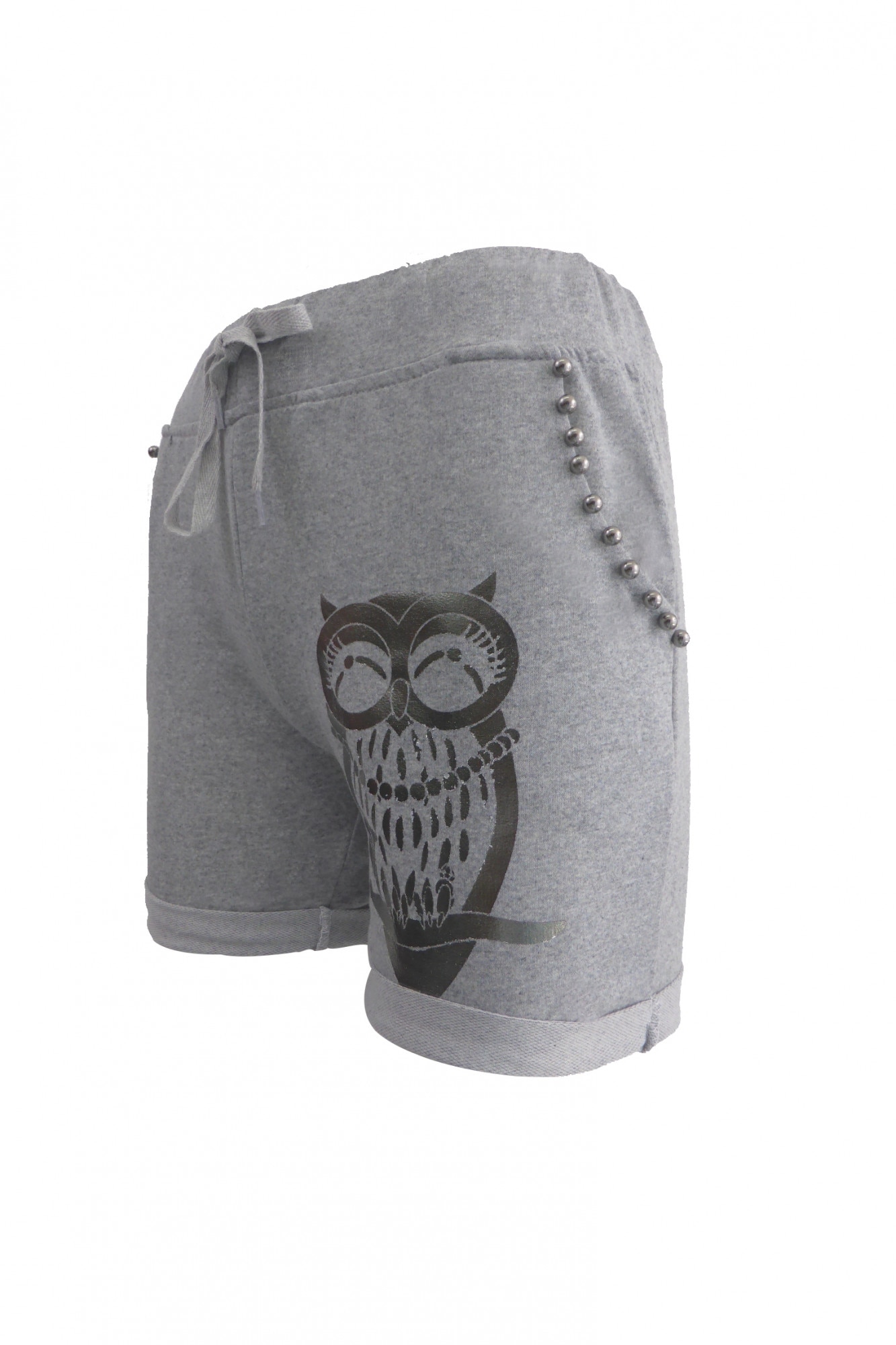 Pantaloni scurti dama - AYLIN SPORTS - gri cu imprimeu bufnita si perle pe buzunare - S