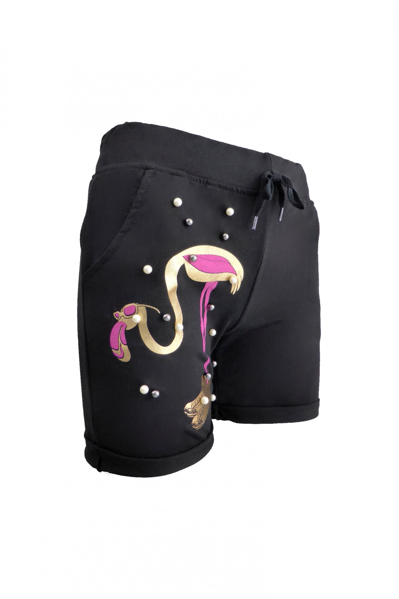 Pantaloni scurti dama - AYLIN SPORTS - negru cu imprimeu flamingo si perle albe si argintii - S