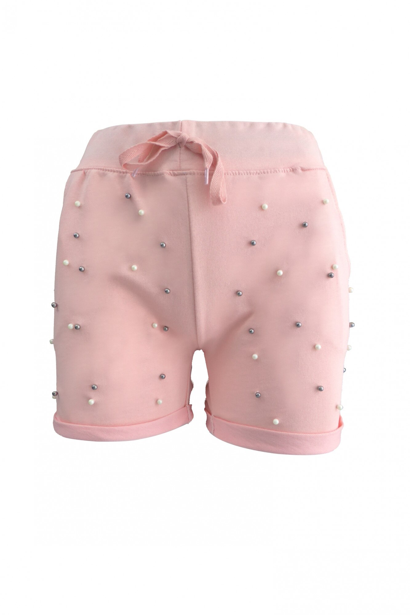 Pantaloni scurti dama - AYLIN SPORTS - roz cu perle albe si argintii in fata - L