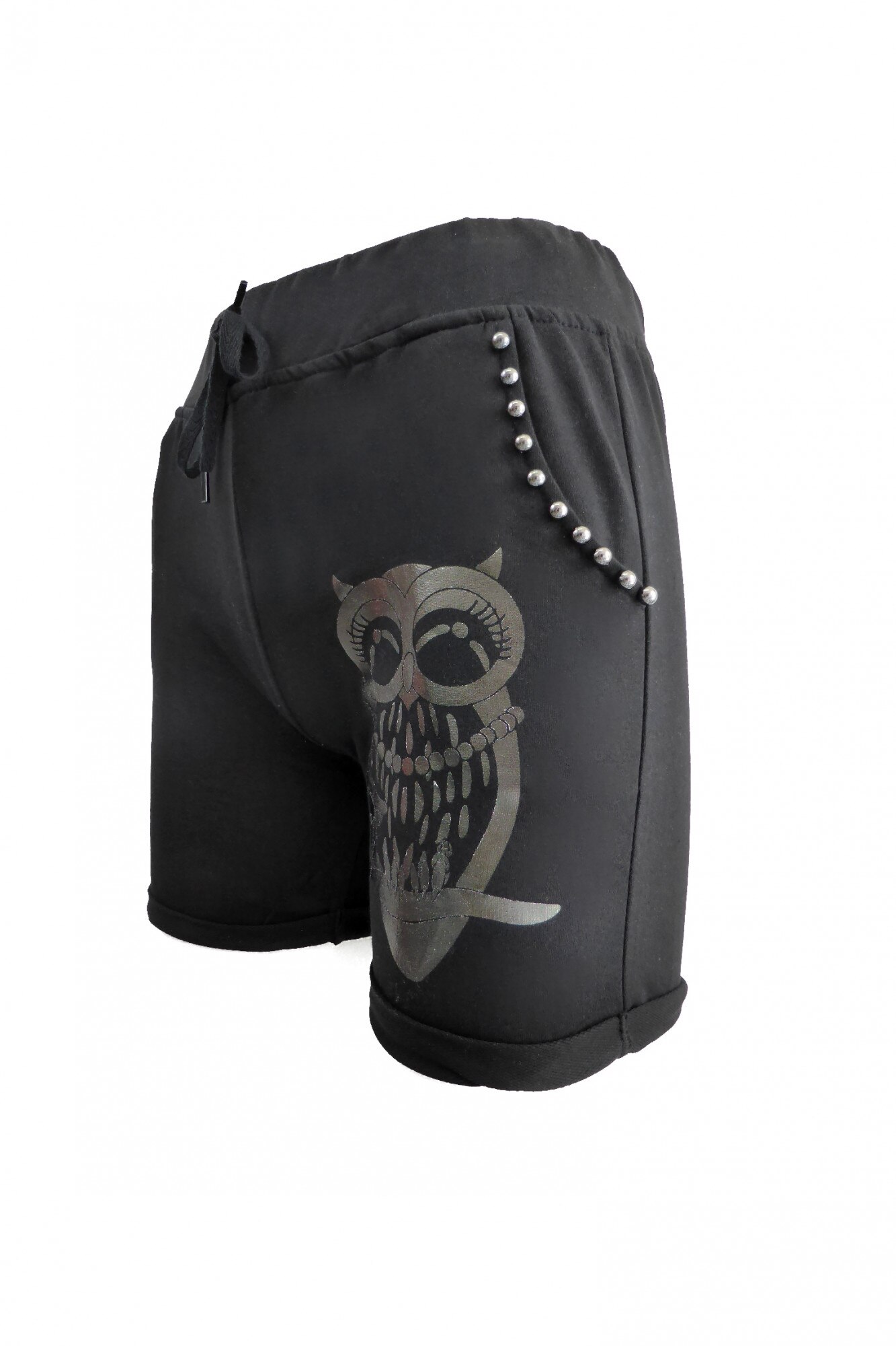 Pantaloni scurti dama - AYLIN SPORTS - negru cu imprimeu bufnita si perle pe buzunare - L