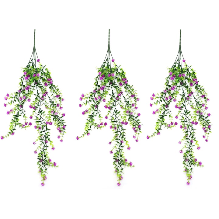 Set 3 plante artificiale, SINBINTA, Set 3 flori artificiale, Care nu se decoloreaza, Rezistente La UV, Rezistente la conditii meteo, Usor de curatat, Pentru casa, exterior, gradina, curte, Plastic, Verde/Violet