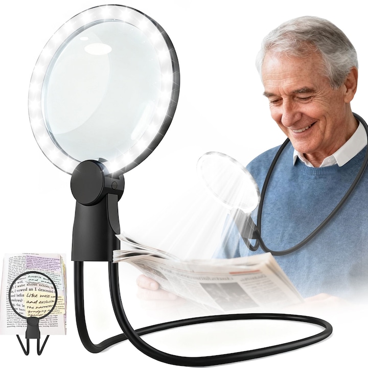 Lupa iluminare cu LED, Portabila, BYONDSELF®, Purtabila la gat, Hands-free, 5x, 1000 mAh, Potrivita pentru citit, Cusut, Goblen