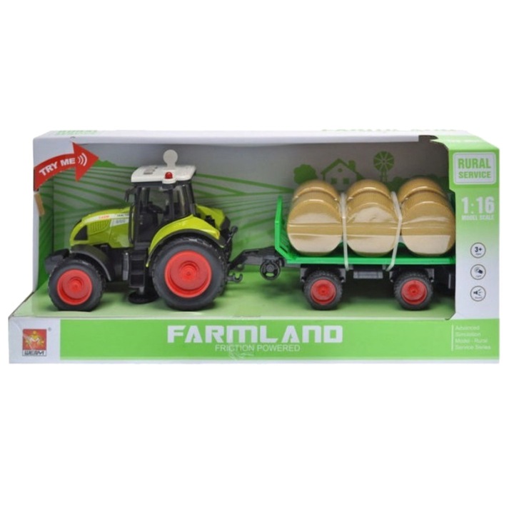 Tractor cu remorca transport baloti, cu sunete si lumini, scara 1:16