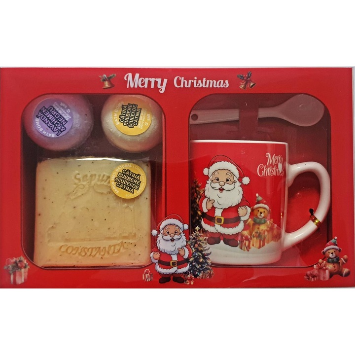 Коледен подаръчен комплект сапун Constanta, натурални ръчно изработени сапуни, свещ, чаша за чай