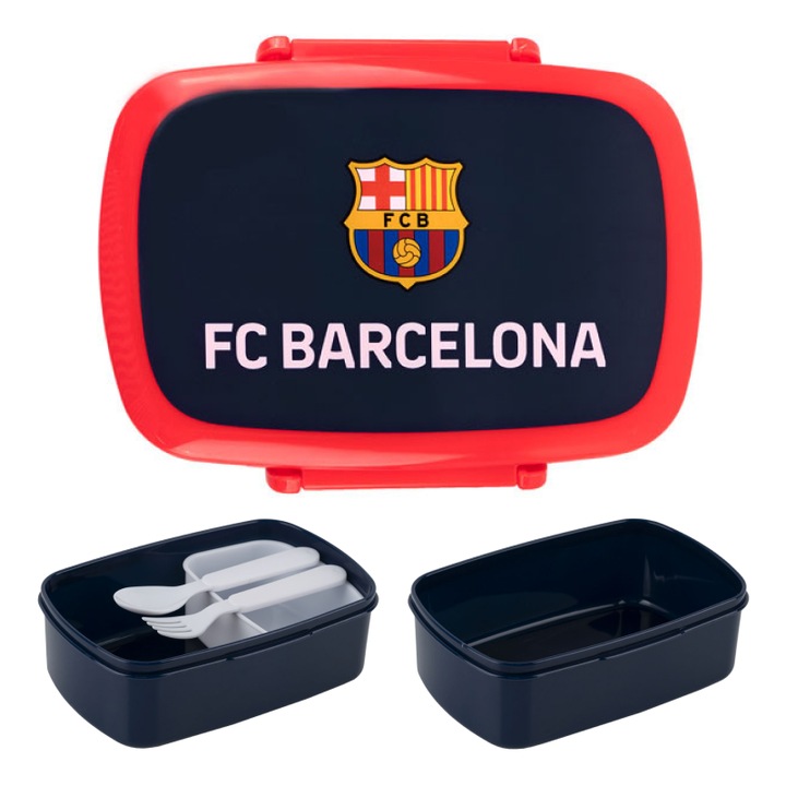 Caserola pentru pranz FC Barcelona Kite, pentru baieti, 750ml, cu tacamuri si mini-container, plastic alimentar fara BPA, 18х13,5х6 сm, albastru