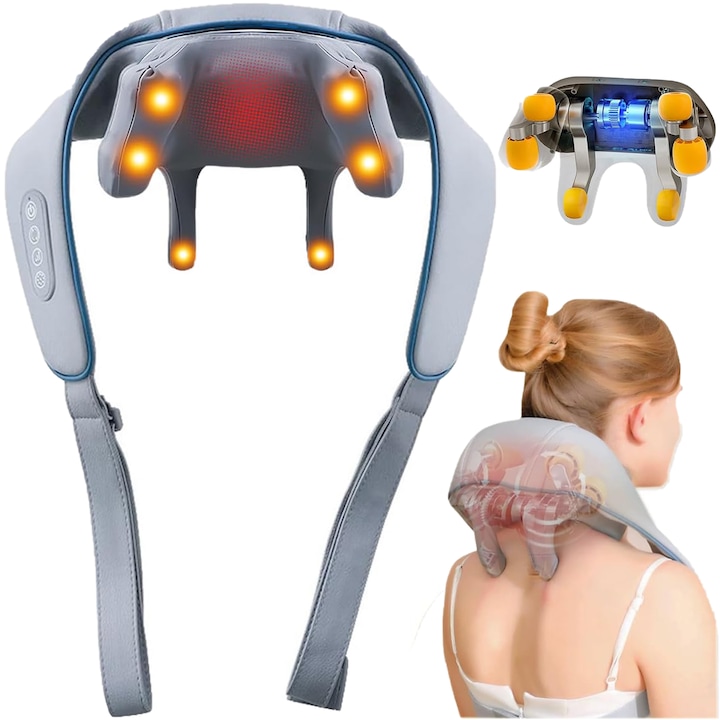 Aparat de masaj cervical Dussdote cu functie de incalzire, intensitate reglabila, design portabil, Masarea bionica 6D a muschiului trapez, Rapid si economisitor de timp, Amelioreaza Durerile pentru Gat,,3 niveluri de adaptare a fortei, Gri