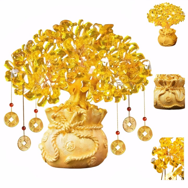 Bonsai cu cristale naturale citrin，supranumit „Copacul Banilor”, simbol traditional Feng Shui, maiestrie rafinata, pentru decorarea casei, 19*10*22 cm, auriu, moneda norocoasa suspendata
