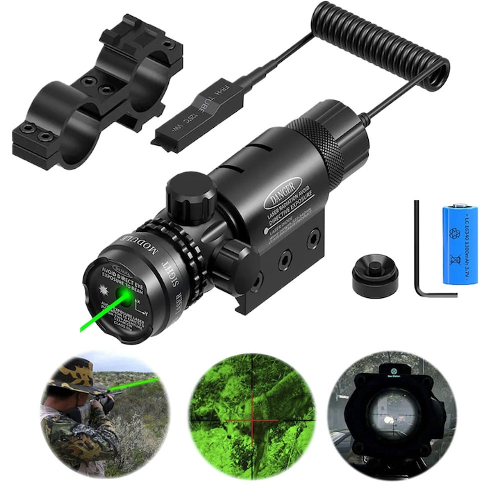 Set Vizor laser, Dussdote, 532 nm, reglabil, rezistent la socuri, set complet cu accesorii, Cu baterie, Rezistent la apa, Design modern, Precizie ridicata, Pentru incepatori si profesionisti, 120 x 30mm, Negru