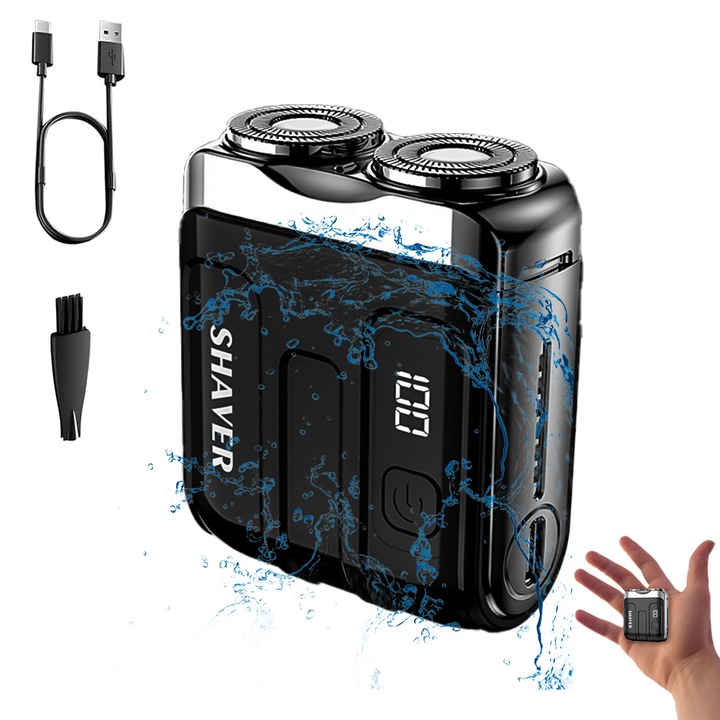 Aparat de ras electric R18, afisaj LED de putere, sistem de lame magnetice, portabil, mini dimensiuni 5.3x2.85x6.3cm, usor de curatat, negru