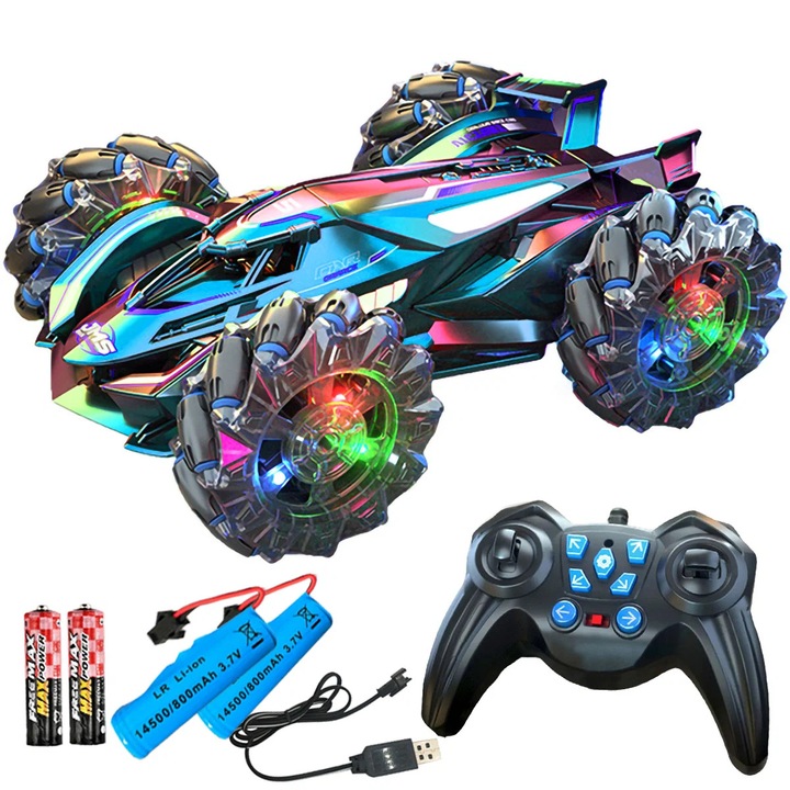 Masinuta de stunt cu telecomanda, 2.4G, rotatie 360 °, patru roti motrice, culori stralucitoare, 23x16x8cm, set cu 2 baterii, albastru colorat