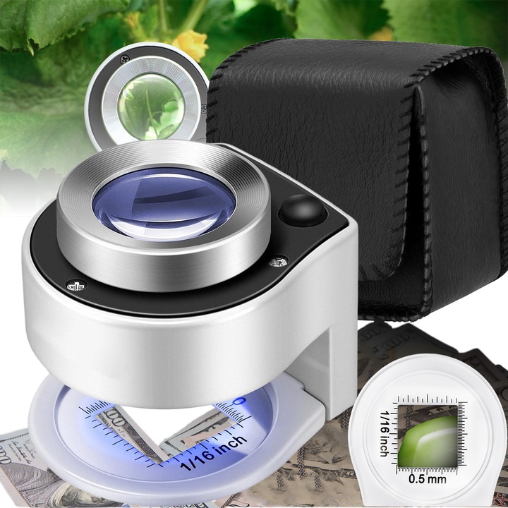 LED лупа, Puepoul, мини преносима лупа, UV лампа, 30x увеличение, диаметър на лещата 26 мм, настолна лупа, 3 LED източника на светлина, осигурява достатъчно осветление, ръчна, за бижута, скъпоценни камъни, часовници, монети, печати, стъкло/ABS, бяла