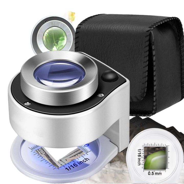 Lupa cu LED, Puepoul, mini lupa portabila, Lampa UV, Marire 30x, Diametru al lentilei de 26mm, Lupa de masa, 3 surse de lumina LED, Ofera o iluminare suficienta, Tinut in mana, pentru bijuterii, pietre pretioase, ceasuri, monede, timbre, Sticla/ABS, Alb