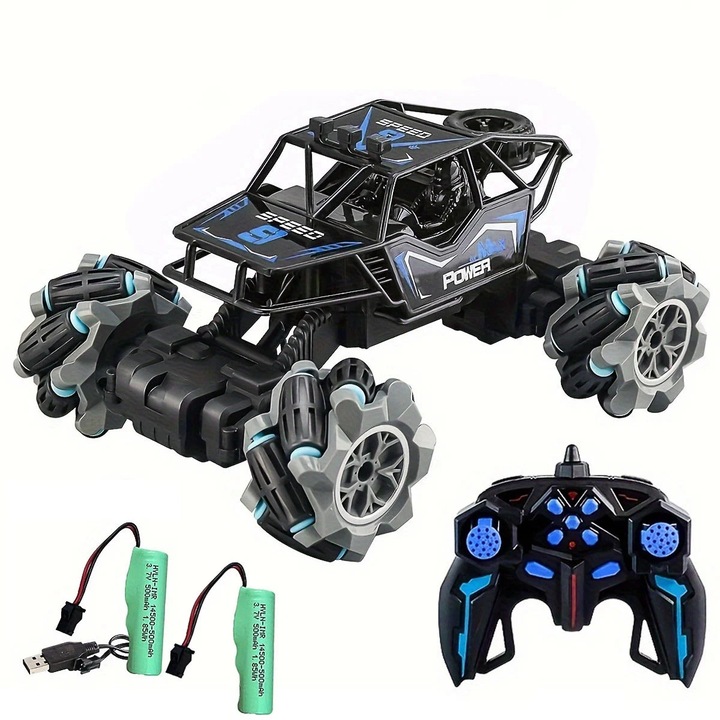 Каскадьорска кола, 4x4, 2.4G дистанционно управление, 360° въртене, двойна батерия, 22x15.2x11.5 см, черно-синьо
