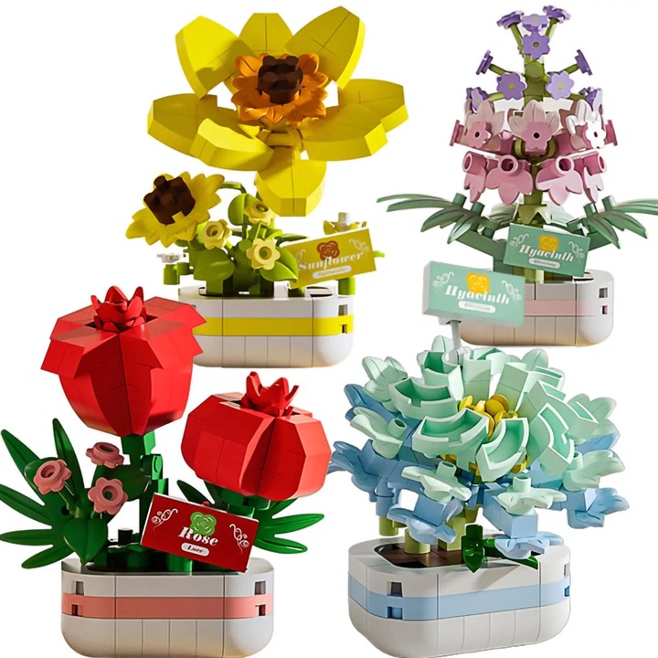 Set de constructie flori, 4 modele, 717 blocuri, aranjament floral perpetuu, multicolor, 11.5x8x4.5cm