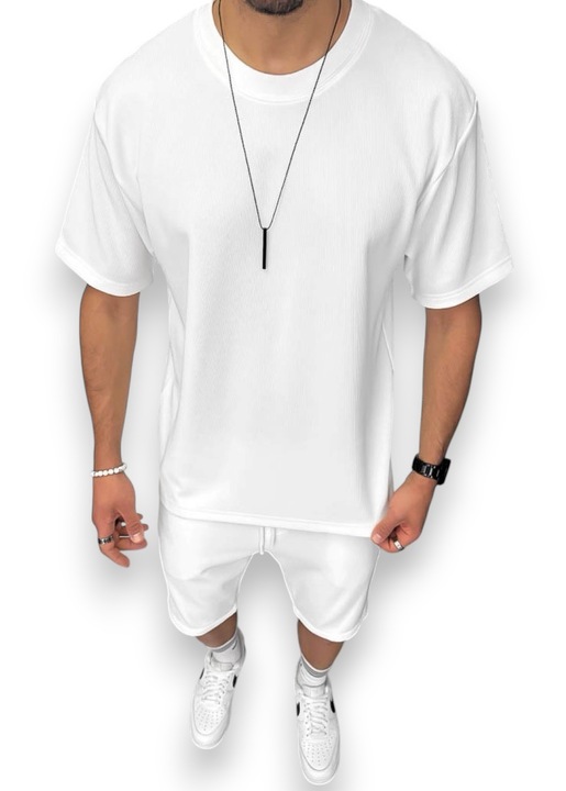 Costum de vara, pentru barbati, pantaloni plus tricou, alb, 8206A, Alb