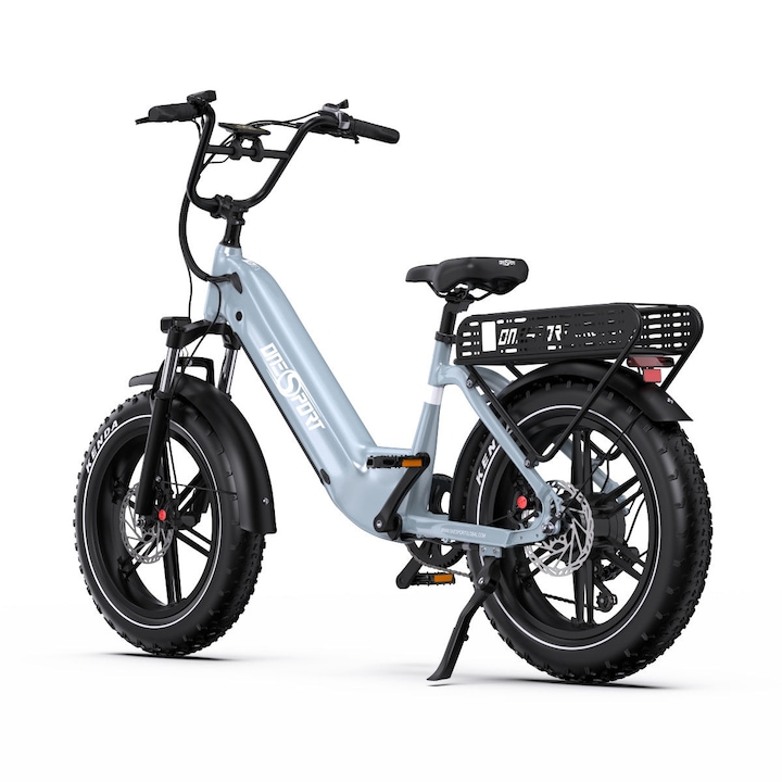 ONESPORT OT08 elektromos kerékpár, 500 W-os motor, 48 V-os 18 Ah-s akkumulátor, max. 40 km/h (nyitható), 90 km-es hatótávolság, 20x4 gumiabroncsok, hidraulikus fékek, szürke