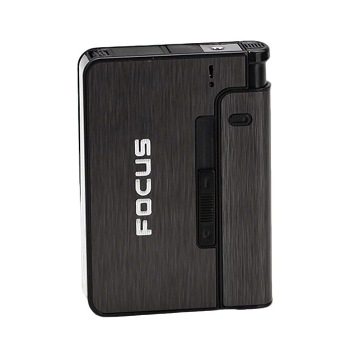 Tabachera pentru tigari cu bricheta incorporata, capacitate 10 tigari, negru, 9.2x6.9x2cm