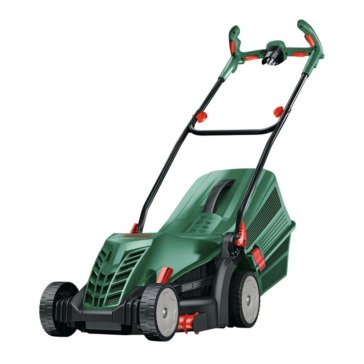 Masina de tuns iarba Bosch, motor electric, 1300 W, latime de taiere de 34 cm, maner Ergoflex, tehnologia GrassCombs, sac colector 40 l