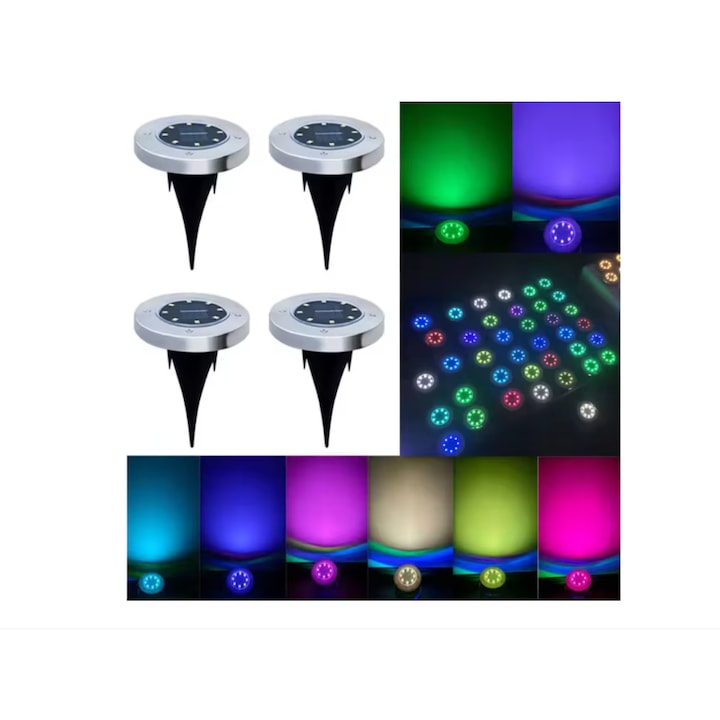 Комплект от 4 LED соларни лампи, за монтаж на земята, многоцветна мигаща светлина, тип „точкова“ с 8 светодиода, за градина, водоустойчива, IP65, INELAG