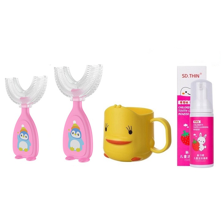 Детски комплект за дентална хигиена, 4 части, розови четки за зъби, 10,3x5,8 см и 9,8x5 см, чаша за вода, пяна за зъби