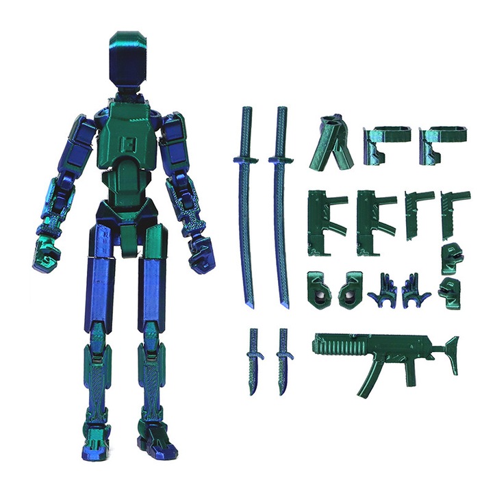 Figurina robot cu articulatii, 13.7cm, culori albastre-verzi, set de jucarii pentru relaxare