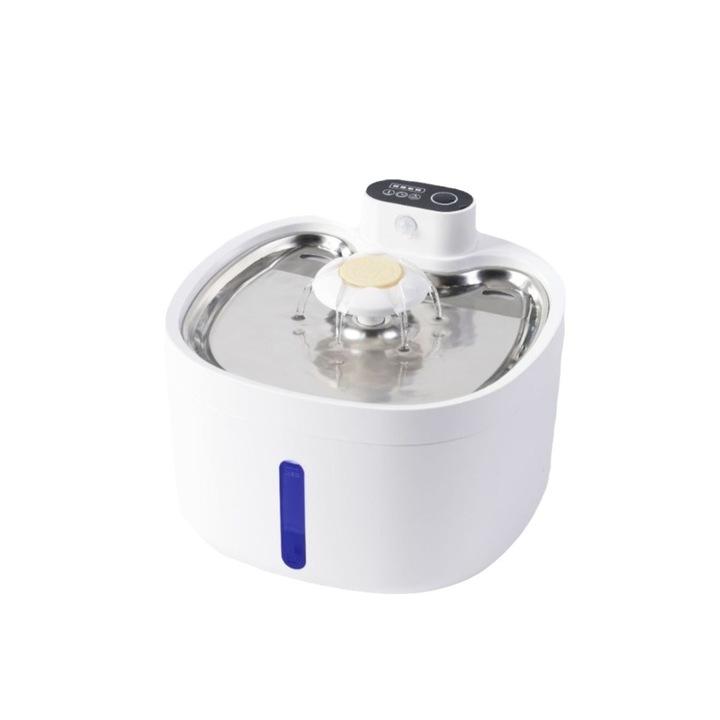 Fantana de apa pentru pisici, PZCC, inox, 2.6L, design anti-stropire, alb