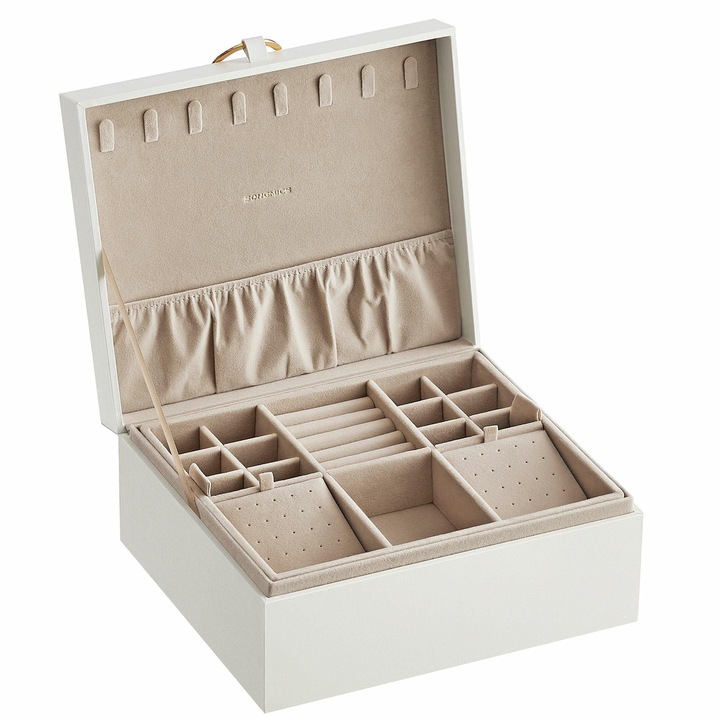 Ékszerdoboz, Songmics, 20.5x24x11 cm, Fehér, MDF anyag, Bársony, Téglalap alakú, Matt felület