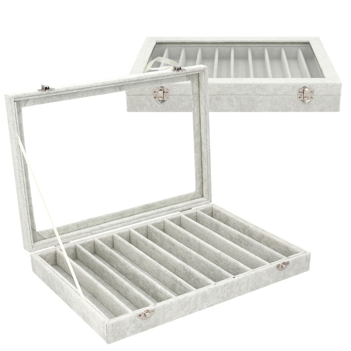 Expunator Pentru Bijuterii, Korbi, E9, 35x24x5.5 Cm, 8 Compartimente Functionale, Capac Transparent Din Sticla, Inchidere Solida Cu Clips, Umplutura Moale, Gri