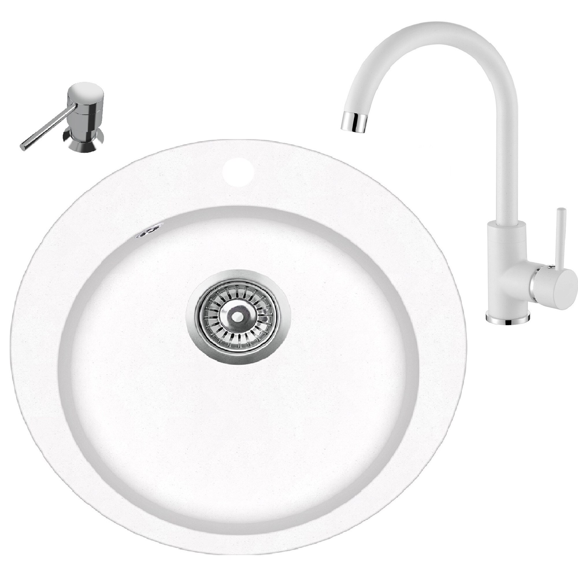 Pachet Aquasanita Clarus SR100-710W chiuveta silicsana cu baterie cartus ceramic+dozator sapun crom