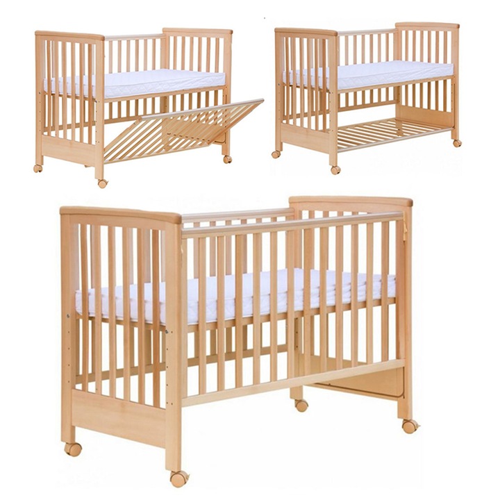 Patut co-sleeping 120x60 cu laterala culisanta total si roti Treppy Dreamy Plus, integral din lemn masiv fag, reglabil pe 5 nivele, include sistem de ancorare, culoare natur