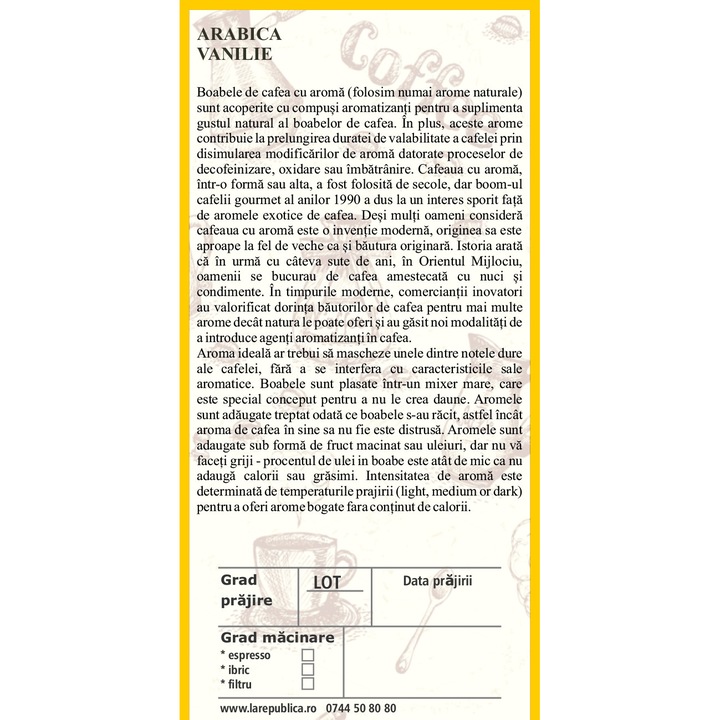 Frissen pörkölt kávé, 250 gr, természetes vanília aroma, 100% Arabica, őrölt