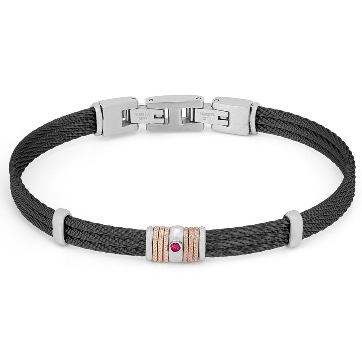 Bratara Barbati, stainless steel cu zale moletate roze si rubin natural (0, 027 ct)