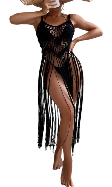 Kimono de plaja, model crosetat cu franjuri, marime universala, culoarea negru, theCasius.®