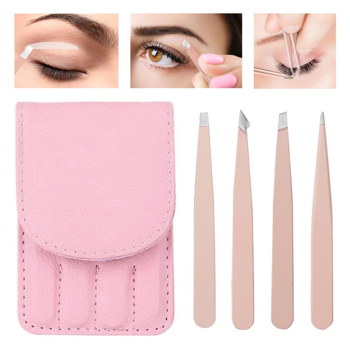 Комплект от 4 пинсети за мигли/вежди, SINBINTA, Професионален комплект пинсети за вежди, С чанта за съхранение, Различни модели, За премахване на нежелани косми от вежди или мигли, Безопасни и издръжливи, Малки и преносими, Неръждаема стомана, Розови