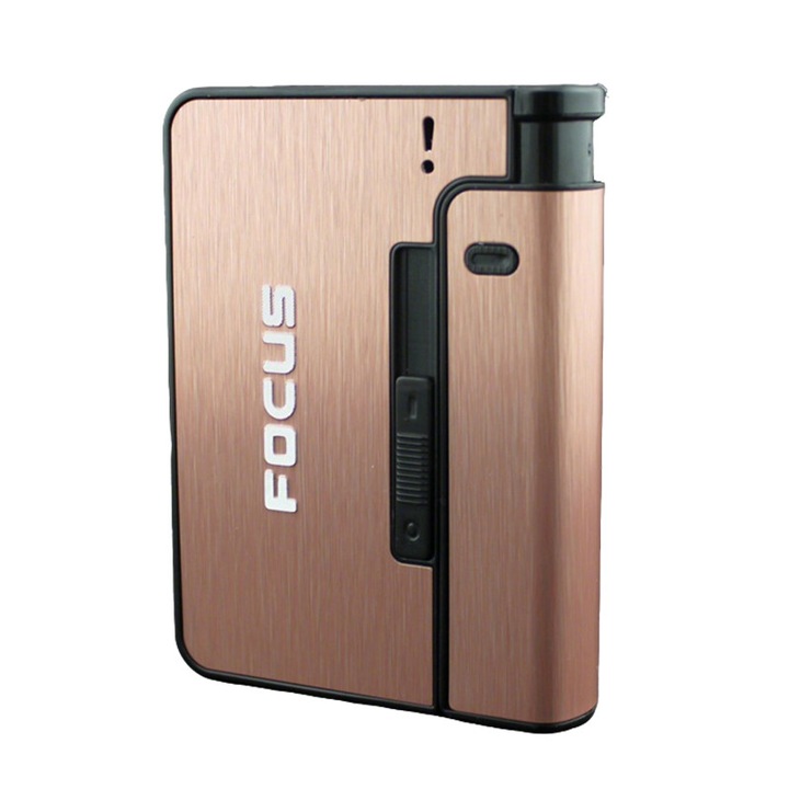 Husa pentru tigari cu bricheta incorporata, capacitate 10 tigari, roz auriu, 9.2x6.9x2cm