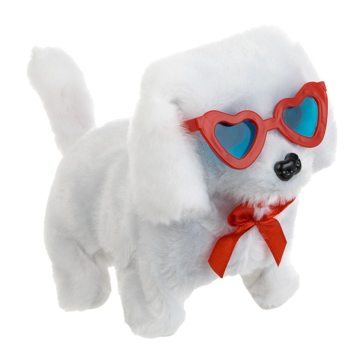 Câine interactiv Canis alb, fundiță roșie, mișcare și sunet, 15cm