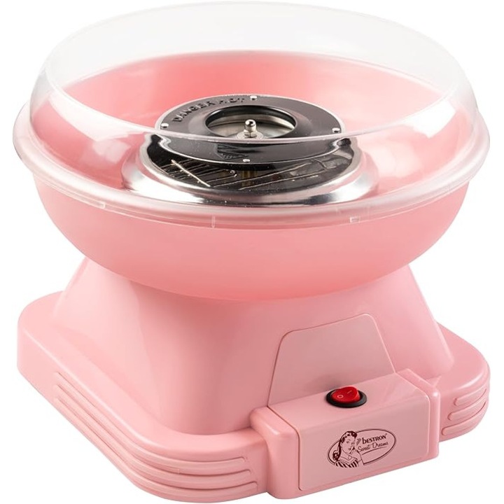 Aparat retro de vata de zahar Bestron pentru acasa – Masina de facut vata de zahar cu 10 betisoare si lingura de masurare, ideal pentru petreceri de ziua copiilor si distractie acasa, roz