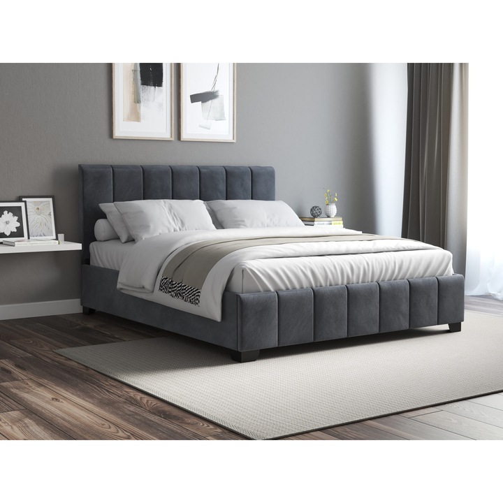 Pat Cozy, 160x200 cm, gri inchis, cu picioare si somiera