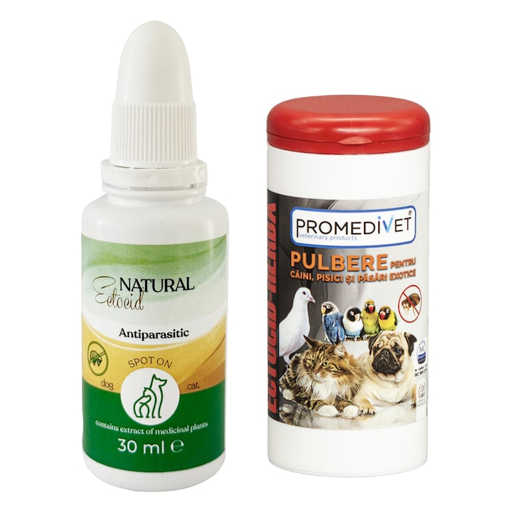 Pachet Antiparazitar Ectocid Natural Spot-On cu extract din plante medicinale pentru purici, paduchi, capuse, scabie, muste, tantari, gandaci, plosnite, viespi, 30ml si Ectocid Herba Pulbere, 50gr, pentru pureci si paduchi malofagi pentru Caini si Pisici
