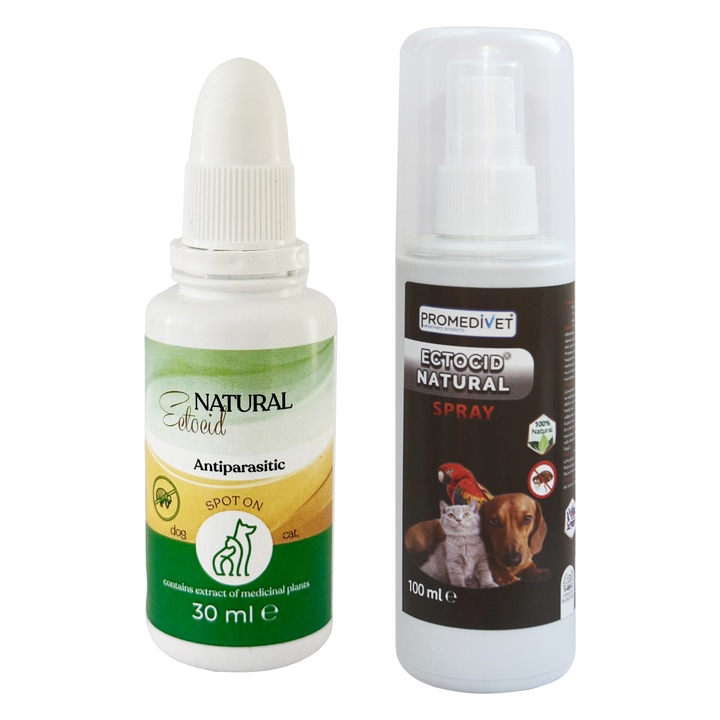 Pachet Antiparazitar Picaturi Ectocid Natural Spot On cu extract din plante medicinale impotriva Capuselor, Puricilor, Paduchilor, Scabiei, Mustelor, Tantarilor, Furnicilor, Plosnitelor, Viespilor, 30ml si Spray Ectocid Natural 100ml, Caini si Pisici