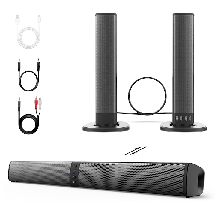 2 az 1-ben levehető hangprojektor okostévéhez, 20 W-os kompakt audio soundbar TV-hez, Bluetooth 5.0, 4 hangszóró, 75 dB-es újratölthető házimozi-hangrendszer, USB/AUX/SD/FM/TW támogatás