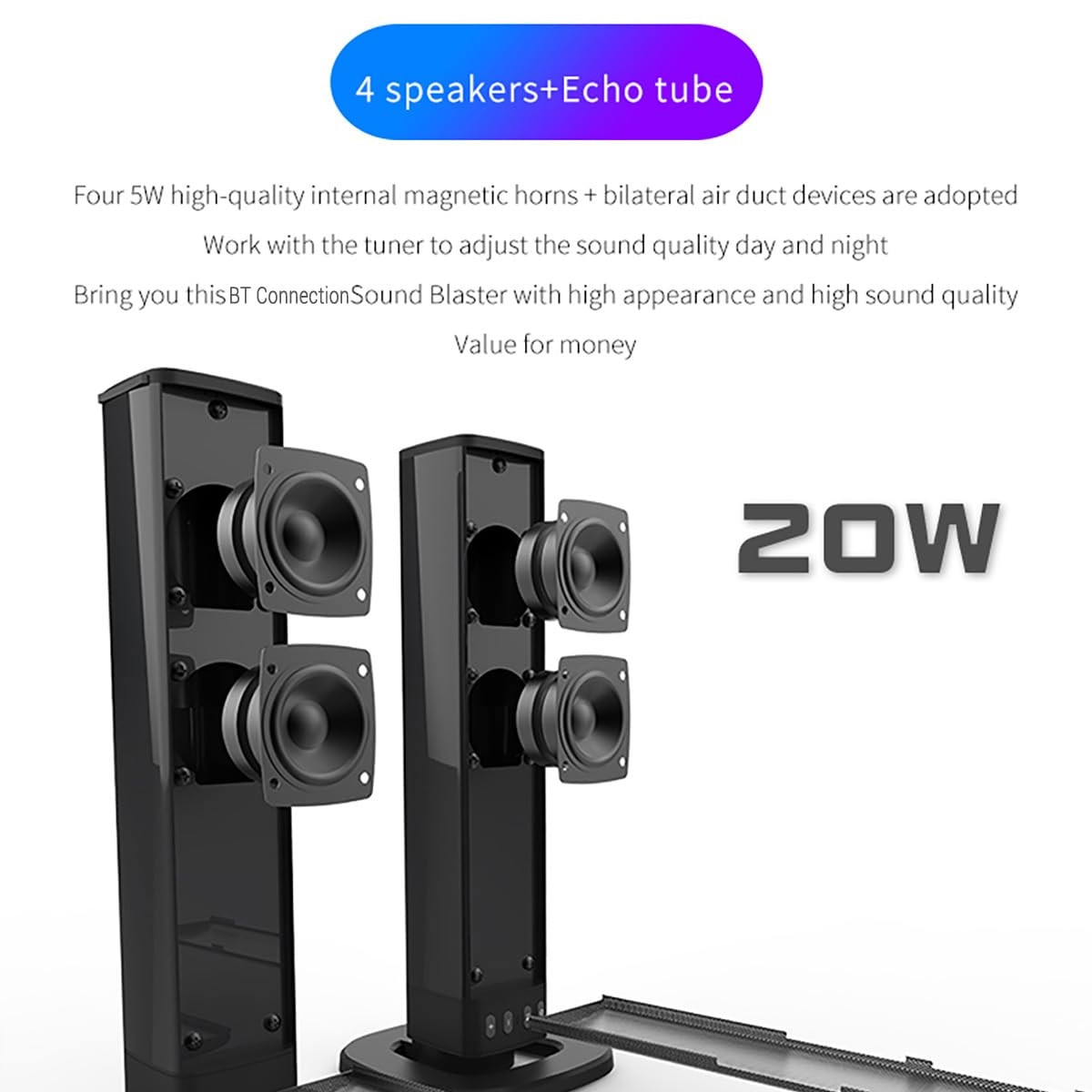 Bara de sunet detasabila 2 in 1 pentru Smart TV, bara de sunet audio compacta de 20 W pentru TV, Bluetooth 5.0, 4 difuzoare, sistem audio home theater reincarcabil de 75 dB, suporta USB/AUX/SD/FM/TW