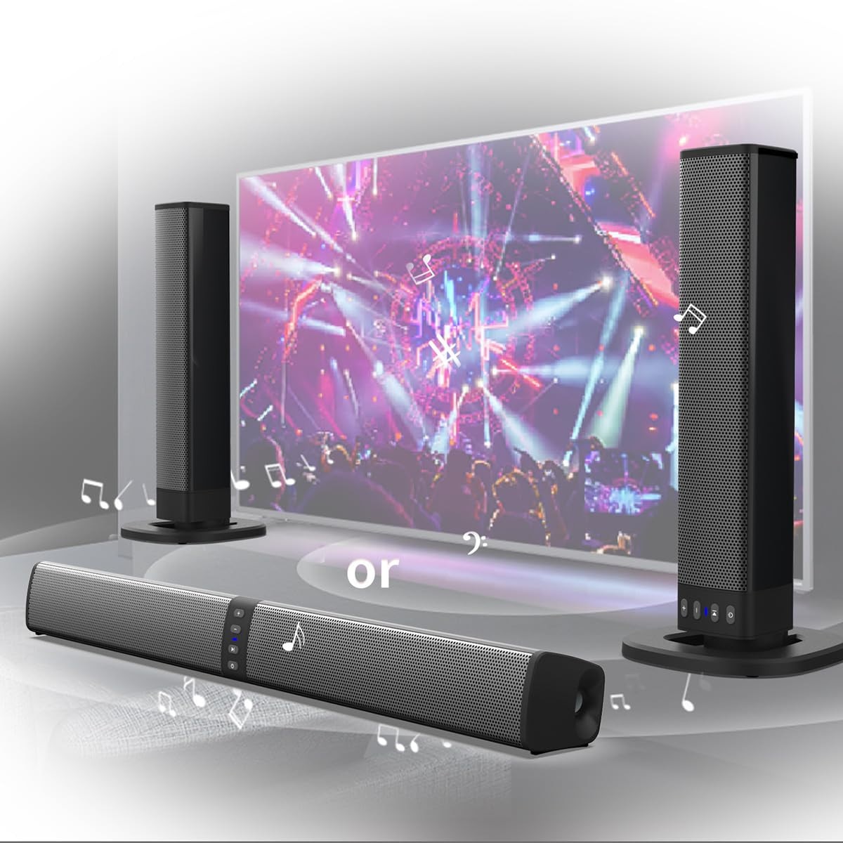 Bara de sunet detasabila 2 in 1 pentru Smart TV, bara de sunet audio compacta de 20 W pentru TV, Bluetooth 5.0, 4 difuzoare, sistem audio home theater reincarcabil de 75 dB, suporta USB/AUX/SD/FM/TW